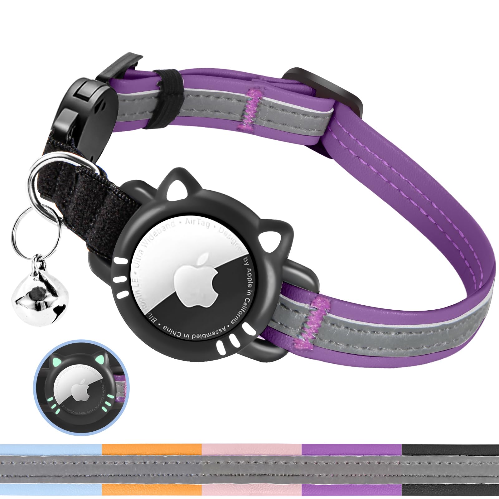 Ytanest Luminous AirTag Cat Collar,Reflective and Breakaway Cat Collar with Apple Air Tag Holder, GPS Tracker Collars with Safety Elastic Band for Cats, Kittens and Puppies, Purple, S(9-11 Inch)