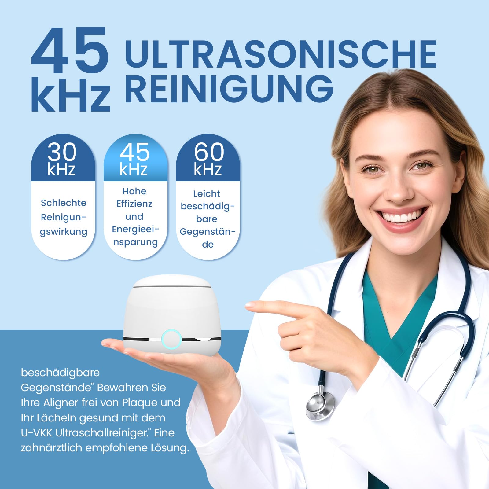 Ultraschallreinigungsgerät, U-VKK 45000 Hz Ultraschallreiniger, für zahnschiene reinigung, mit zwei Modi, geeignet für Retainer, Zahnspangen, Zahnbürstenköpfe, Prothesen, Schmuck usw 2