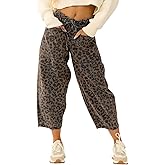 loveimgs Women Loose Leopard Print Cropped Denim Pants Barrel Jeans Elastic Waist Cheetah Wide Leg Harem Pants