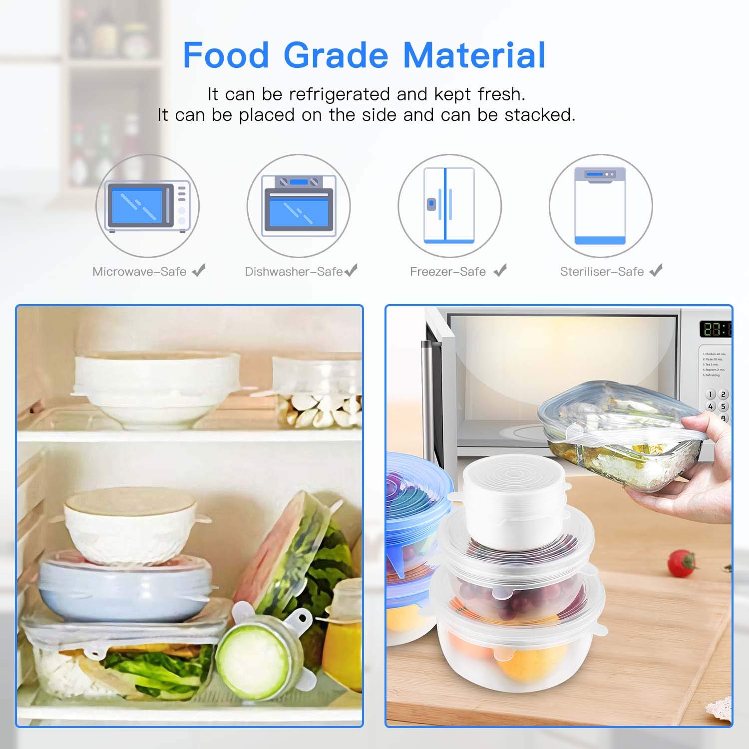 Tapa elástica de silicona, 12 PCS Reutilizable Fundas Protectoras para Alimentos Tapa Tazas, Paquetes de Varios TamañOs, Lavavajillas, Microondas, Horno y congelador, Sin BPA