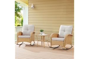 Belord Outdoor Rocking Chairs Set of 2, Wicker Rocker Rocking Chairs for Porch, 3 Pieces Patio Furniture Sets Rocking Bistro Set with Cushions and Side Table