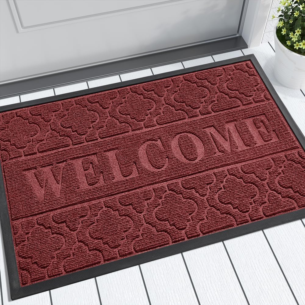 Yimobra Welcome Door Mat 75 x 43 cm, Heavy Duty Durable Front Door Mat for Home Entrance, Garage and Garden Outside Entryway Floor Mat, Non Slip, Fade Resistant, Easy Clean, Red