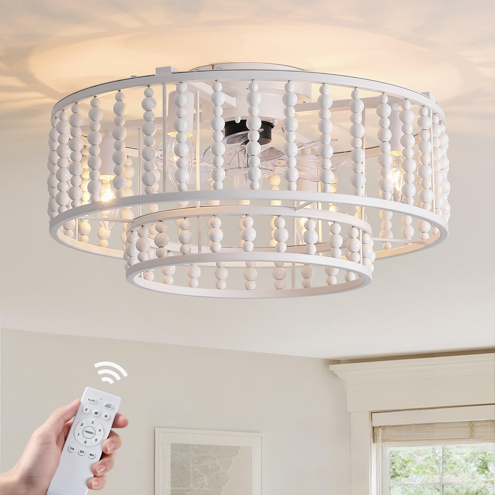 Photo 1 of 19 inch Ceiling Fans with Lights Caged Fandelier Boho Caged Ceiling Fan with Light White Wood Beaded Ceiling Fan with Light Boho Wood Beaded Fandelier 6 Speed Flush Mount for Living Room Bedroom