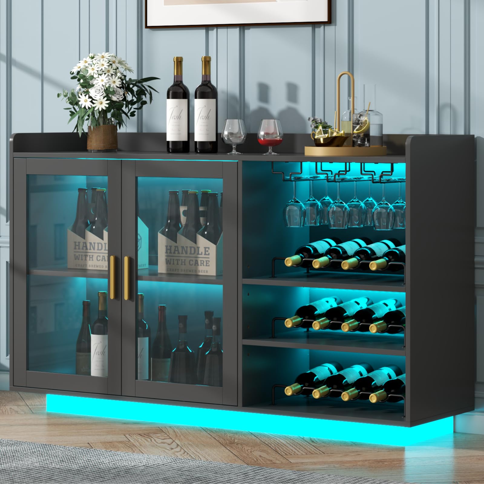 Loomie Wine Bar Cabinet with LED Lights, Floating Coffee Bar with