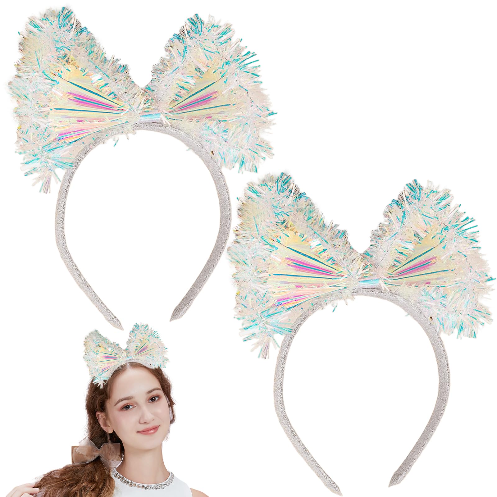 Aswewamt 2Pcs Bow Silk Headband, New Year Eve Party Headband Rainbow Bow Silk Glitter Ball Headband Bow Silk Accessories Vintage Headband for Women Girls Christmas