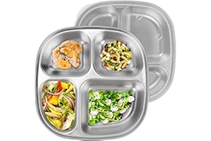 Linkidea 2 Pcs Stainless Steel Portion Control Plate, 4 Compartments Divided Plate with Lid, Durable Meal Prep Container for 