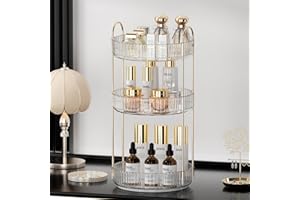 UNICOMVSX Rotating Makeup Organizer for Vanity, Spinning Cosmetics Storage for Bathroom Countertop, Skincare Holder Rack for Facial Cream, Perfume, Lotion, Lipstick (3 Tier, Clear)