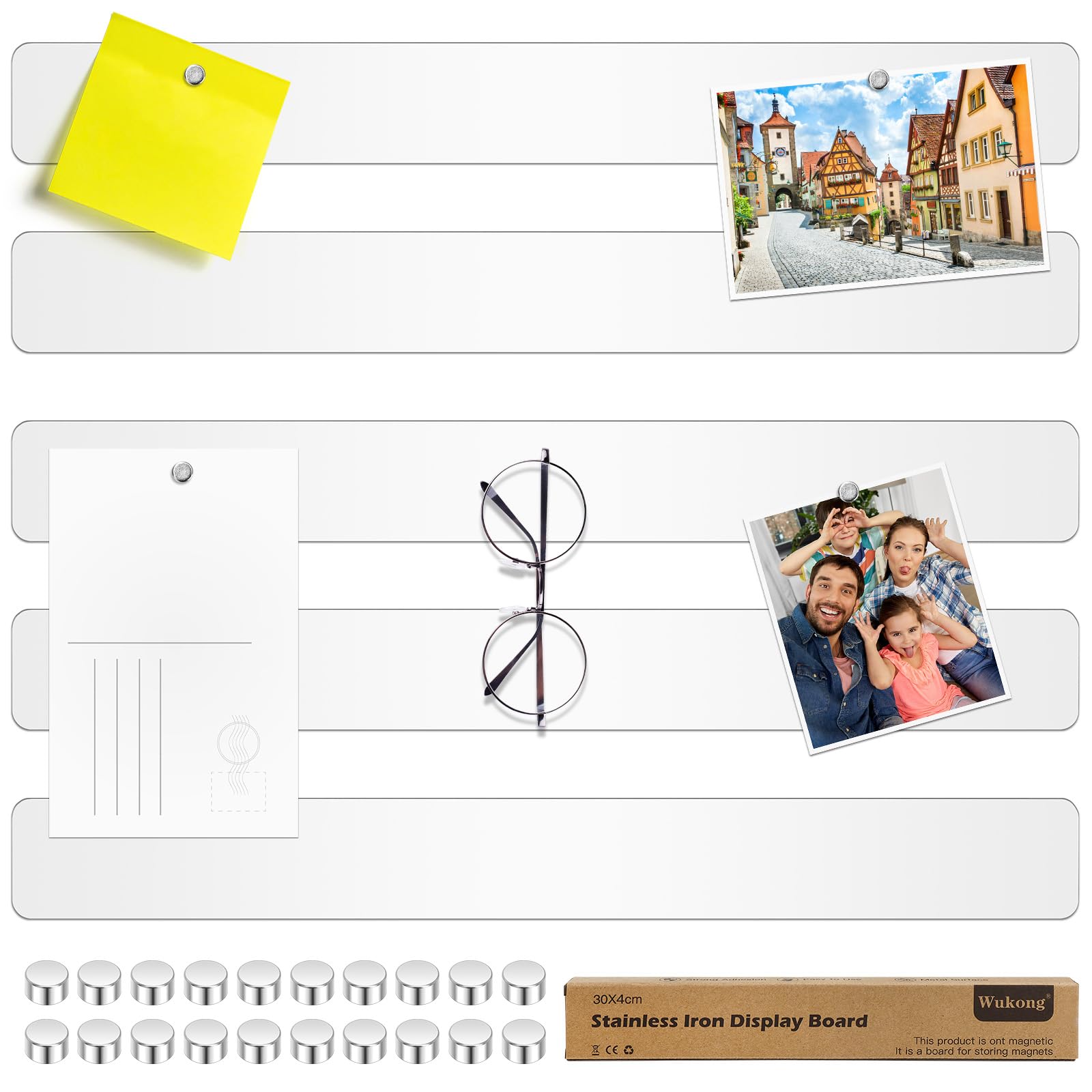 Photo 1 of Wukong 5 Pack | 30x4cm (11.81 x 1.57) Magnetic Stainless White Board Strips, Adhesive Backing Bulletin Bar, Memo Strip with 30pcs 5x3mm Magnets for Office, Home, Photo Wall, Documents