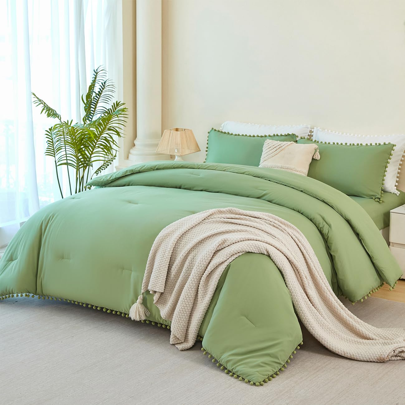 PERFEMET Green Comforter Set Queen Size 5 Pieces Boho Pom Pom Fringe Bedding Comforters for Girls Kids Soft Lightweight All Season Solid Bed in A Bag with Sheets for Bedroom(Green, Queen) Image