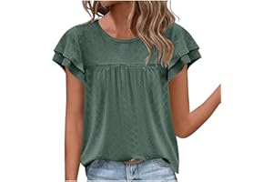 GOFLIC Summer Tops for Women Eyelet Ruffle Sleeve Blouses Solid Color Babydoll Shirts Casual Loose Crewneck Tunic Tops
