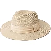 DRESHOW Women Straw Panama Hat Travel Fedora Beach Sun Hat Summer Wide Brim Straw Roll up Hats UPF 50+