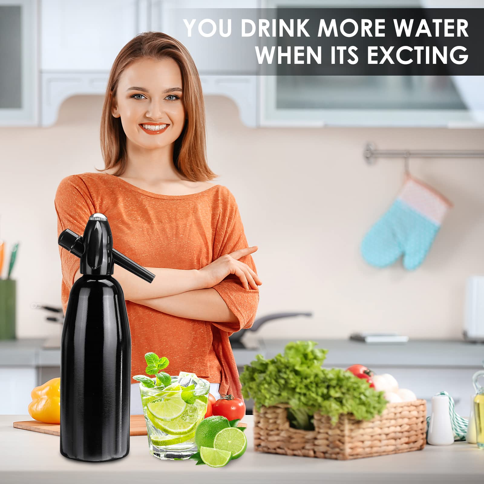 Sparkling Water Maker, 1L Soda Siphon, Aluminum Sodastream Soda Makers for Home, Portable Water Maker for Soda Water, Cocktails or Soda Water, Use 8 gram CO2 Cartridges(Not Included)