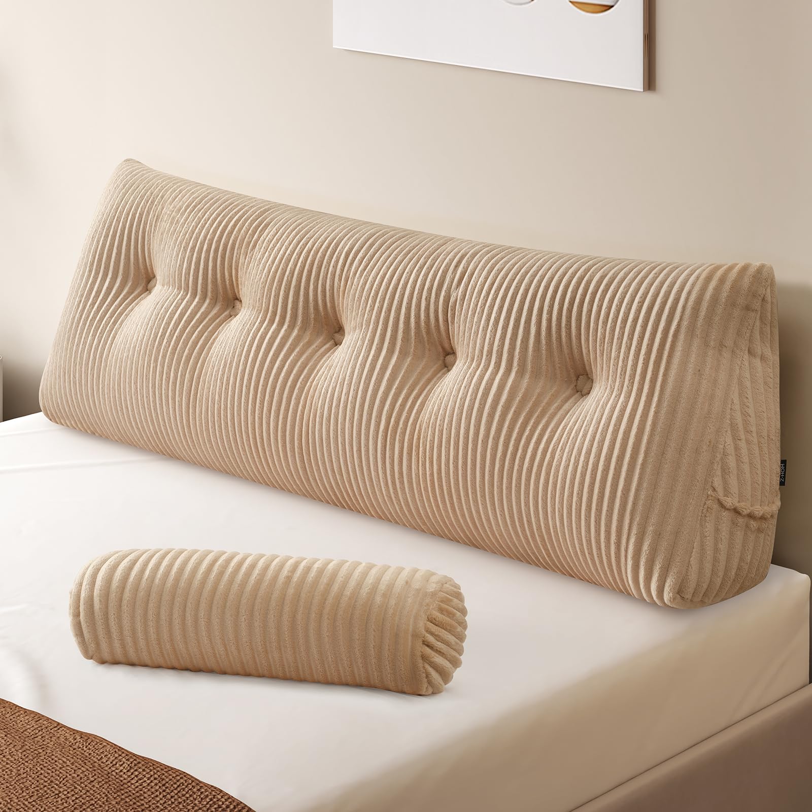 Z-hom Large Wedge Pillow Headboard, Queen Triangular Headboard Pillow, Reading Pillow Bed with a Roll Pillow for Bed Sitting Up Sleeping, Backrest Cushion Headboard Gap Pillow for Back,Beige Image