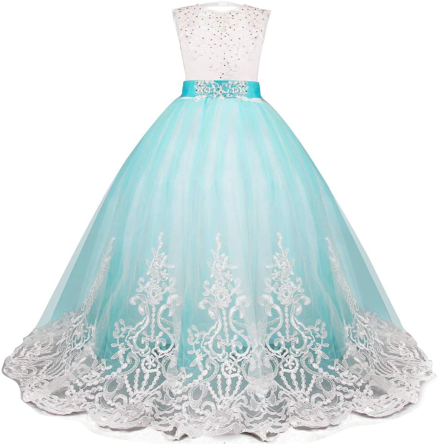 Girls Flower Princess Pageant Dress Kids Sleeveless Long Maxi Party Gowns AT03 (Blue, 11-12year)