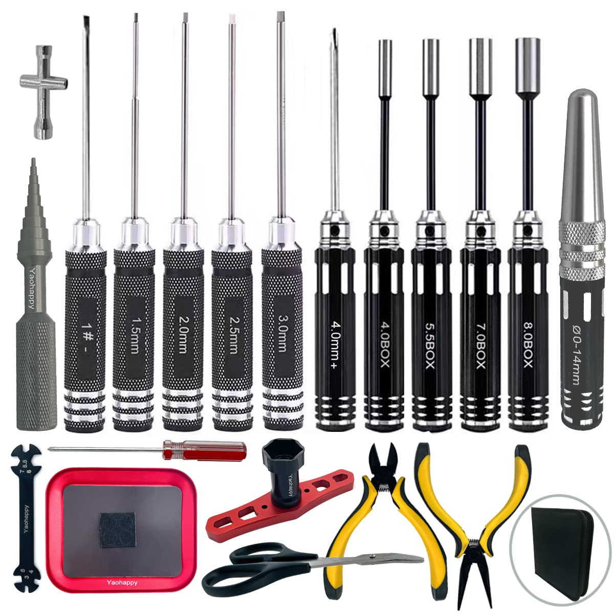 20 in 1 RC Tool Kit, Flat/Phillips/Hex Screwdriver Set, Wheel Wrench, Body Shell Reamer, Nut Socket Spanner, Repair Tools for 1/18 1/16 1/8 1/10 RC Cars Quadcopter Helicopter Airplane