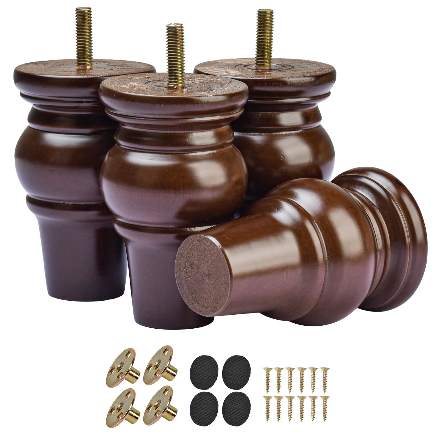 TCHOSUZ 4 Inch Wooden Furniture Legs (10cm) Set of 4 Solid Hardwood Replacement Feet for Sofa, Couch, Chair, Ottoman, Dresser, Cabinet, Coffee Table - M8 Predrilled Screw Holes - Walnut