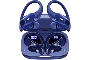 GOLREX Active Noise Cancelling Ear Buds Bluetooth Headphones Wireless Earbuds with 80H Wireless Charging Case & LED Display, Over-Ear Hooks Earphones Bass Earbud for Sports Running Gym Workout Blue