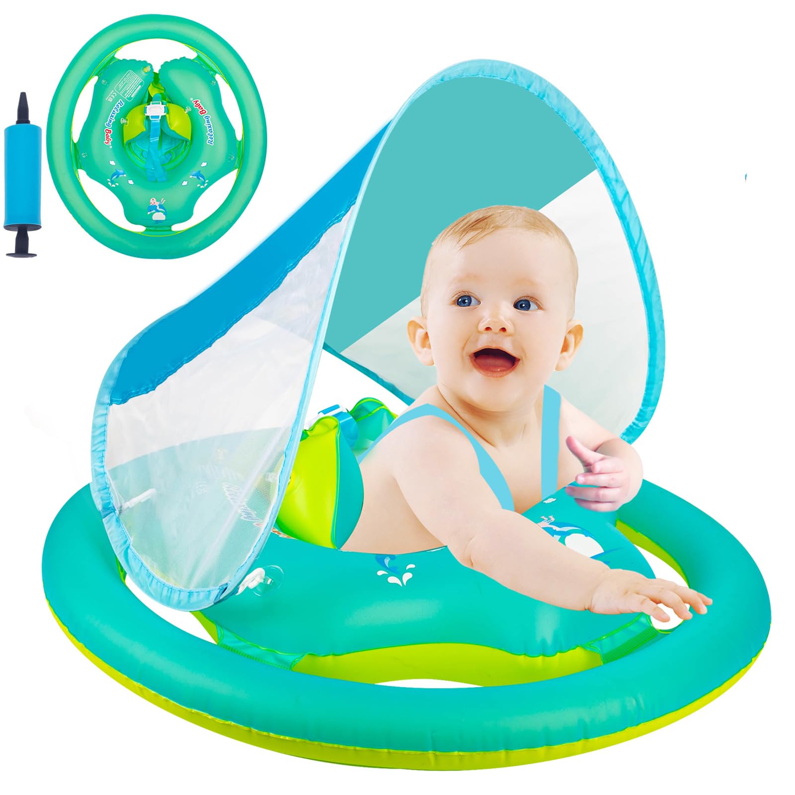 Baby Inflatable Baby Swimming Float 6-12 Months Baby Pool Float with Canopy Safety Seat Infant Toddler Pool Swimming Float Baby Swim Float Swimming Ring for Baby 6-12-36 Months