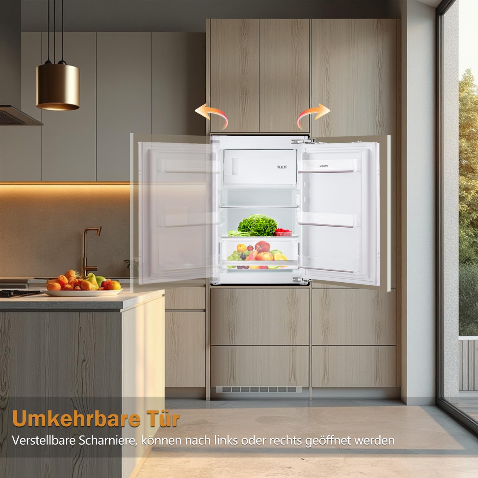 Einbaukühlschrank mit gefrierfach 88cm Einbau kühlschrank 118 L | ( 16L Gefrierfach + 102L Kühlschrank ) | Energieeffizient | Leise | 2 hat,1 schubladen | Einfach zu reinigen | Wechselbaren Türsc 6