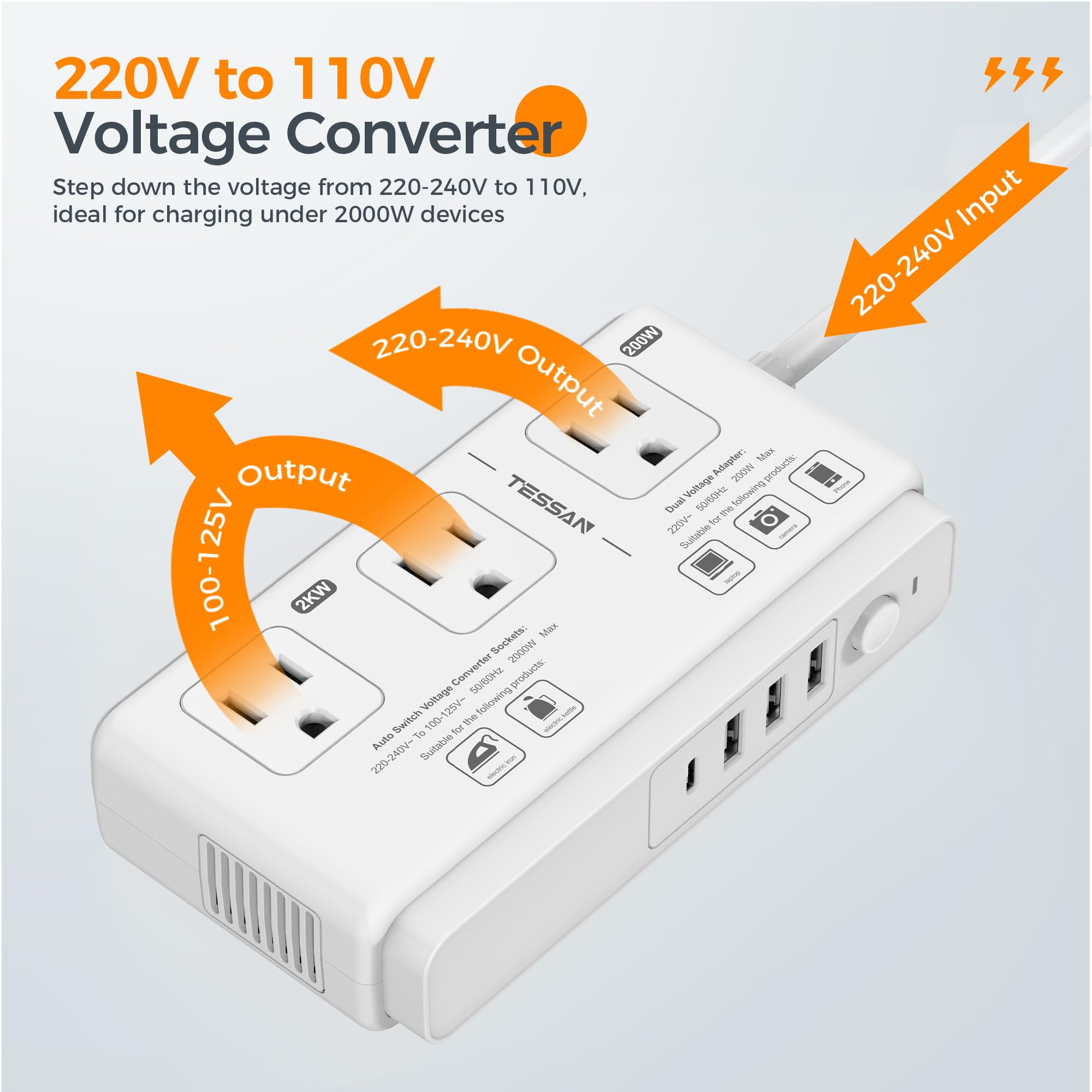 220V to 110V Voltage Converter, TESSAN Universal Travel Adapter with 4 USB Charger (1 USB C), 3 AC Sockets and EU/UK/AU/IT Plug Power Adaptor, Step Down Transformer Outlet Converters for International
