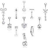 BSJ4U 11 Pcs Gold Plated Silver Belly Button Ring Dangle Hypoallergenic Surgical Stainless Steel Belly Rings for Women CZ Floating Clicker Heart Butterfly Pearl Bow Navel Piercing Jewelry Dangly Navel Ring