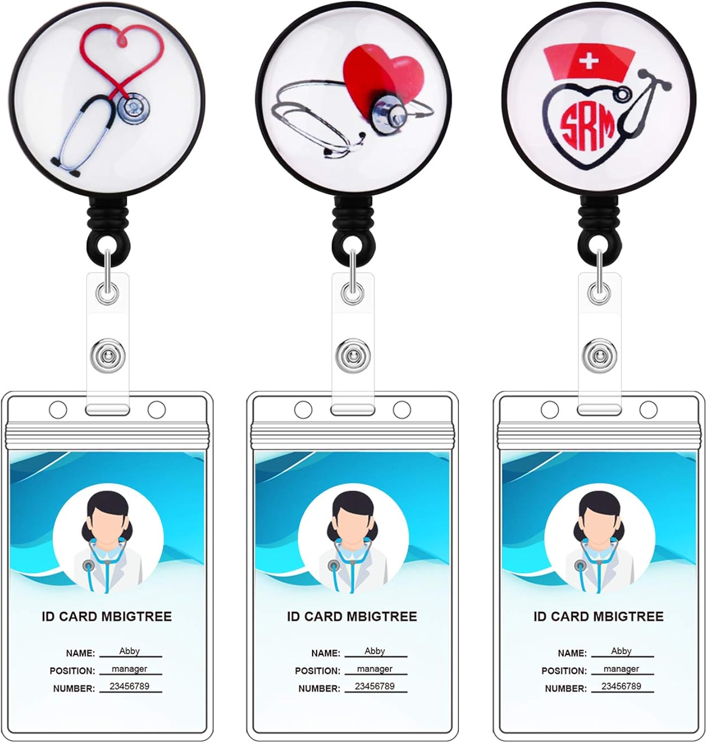 3 Pack Nurse Retractable Badge Holders, Bolly Badge Reel