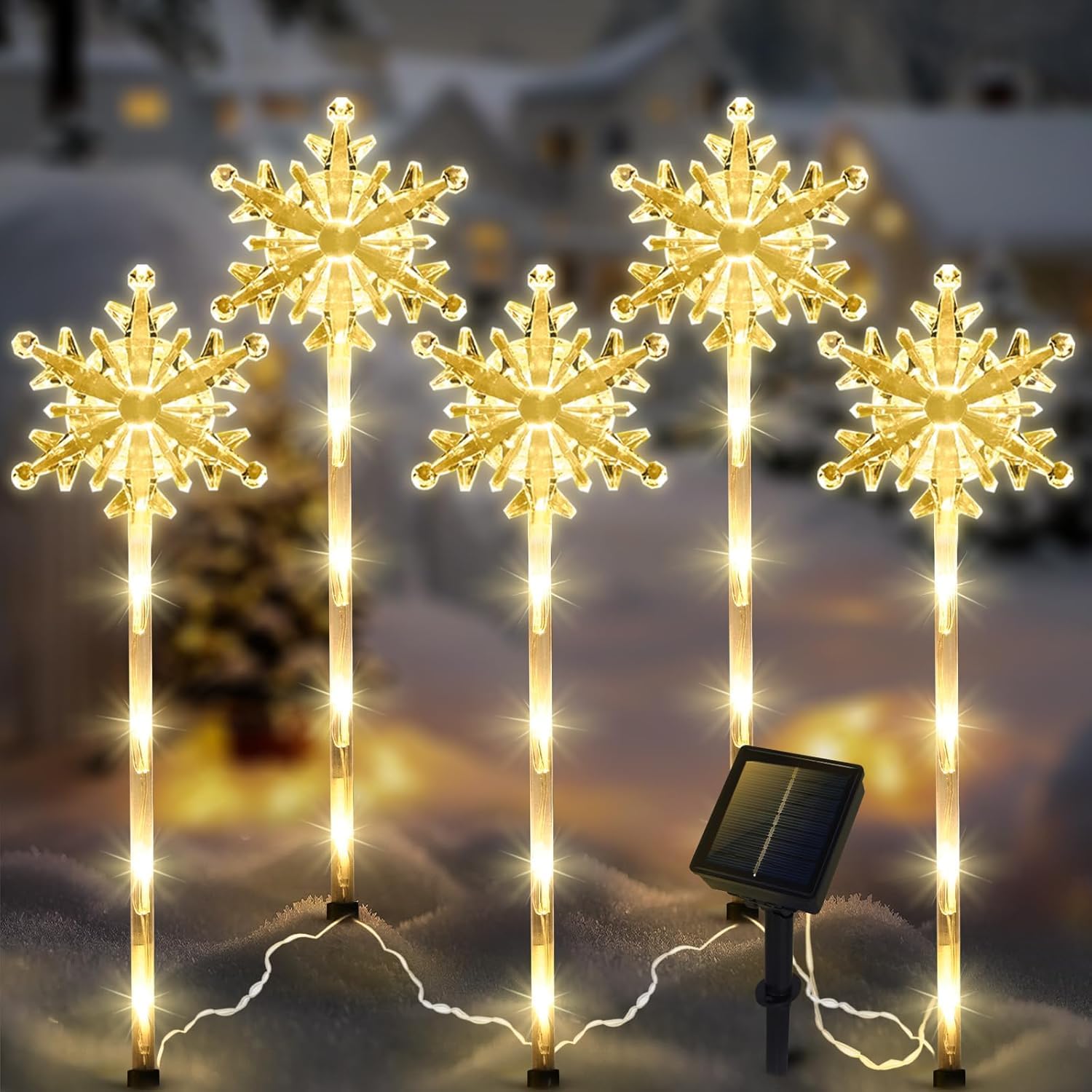Photo 1 of 5 Pcs Acrylic Solar Pathway Stakes Lights Outdoor Waterproof, 8 Modes Christmas Decorations Outdoor Yard, Solar Christmas Garden Decor Lights (Xmas Snowflake Warm White)