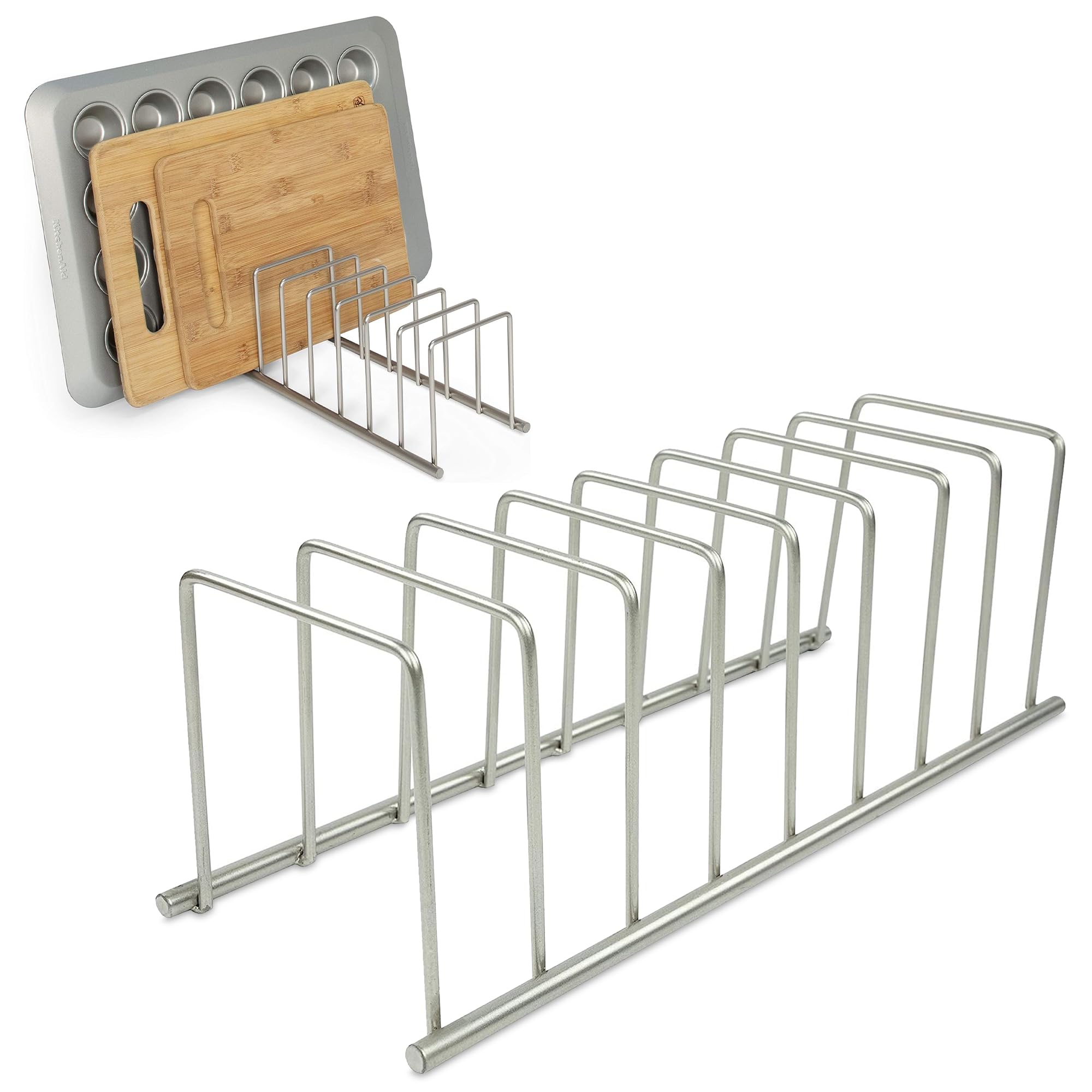 Photo 1 of Spectrum Euro Cutting Board Holder Stand for Countertop or Inside Kitchen Cabinet Organization Satin Nickel, 8 Slot Cutting Board Drying Rack or Cabinet Plate Bakeware Storage Organizer