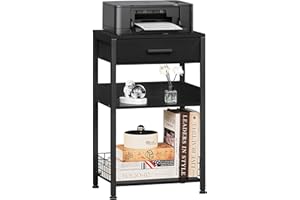 Lerliuo Pure Black Printer Table with Fabric Drawer,3 Tier Industrial Wood Printer Stand with Storage Shelf,Modern Tall End Table,Nightstand,Bed Side Tables for Scanner Fax Home Office Small Spaces
