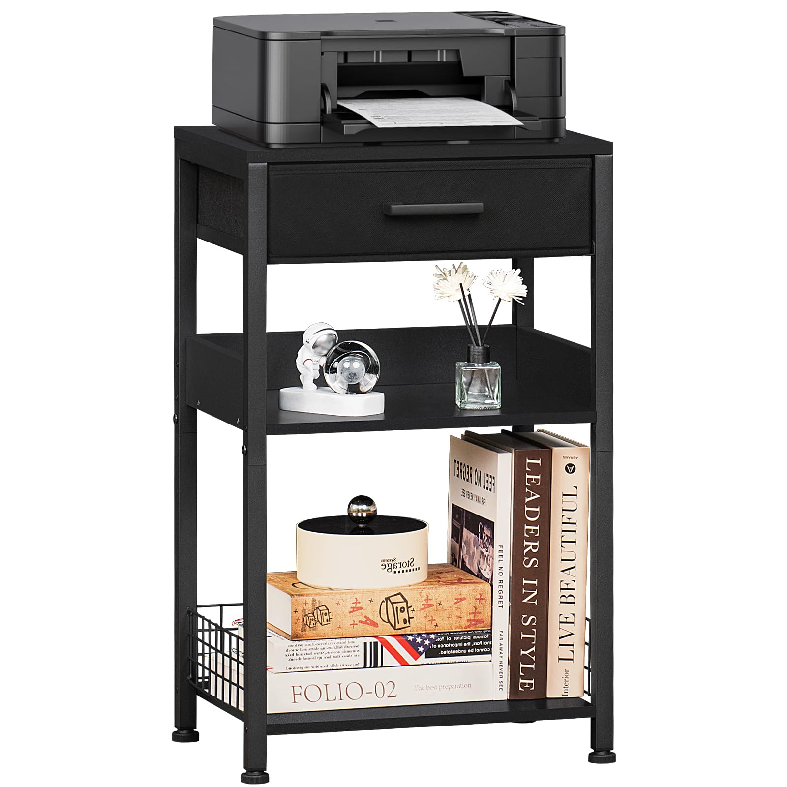 Photo 1 of Lerliuo Pure Black Printer Table with Fabric Drawer,3 Tier Industrial Wood Printer Stand with Storage Shelf,Modern Tall End Table,Nightstand,Bed Side Tables for Scanner Fax Home Office Small Spaces