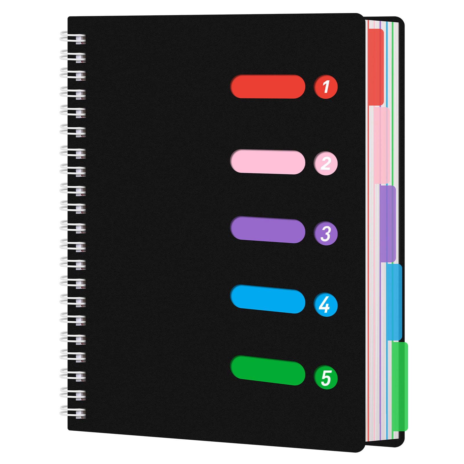 Koogel Ruled Spiral Journal Notebook, 28x21.6 cm with Dividers & Waterproof Cover, 5 Subject Notebook for School Note Taking & Office, Black