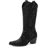 Women’s Rhinestone Cowboy Boots Mid Calf Pointed Toe Sparkly Block Heel Cowgirl Boots with Pull On Tabs