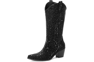 MISSMILLER Women’s Rhinestone Cowboy Boots Mid Calf Pointed Toe Sparkly Block Heel Cowgirl Boots with Pull On Tabs