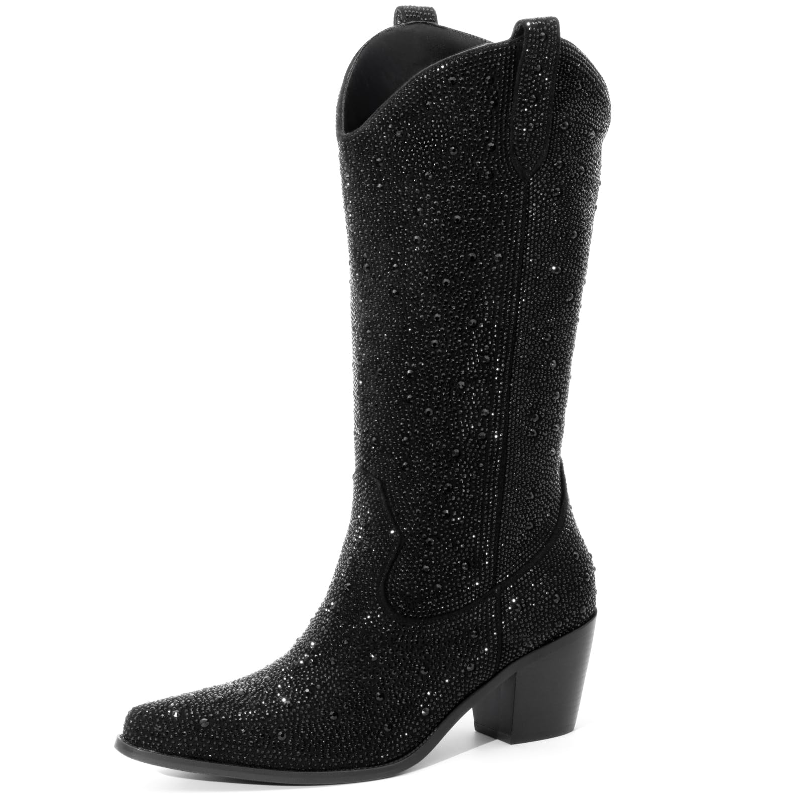 Photo 1 of MISSMILLER Women’s Rhinestone Cowboy Boots Mid Calf Pointed Toe Sparkly Block Heel Cowgirl Boots with Pull On Tabs