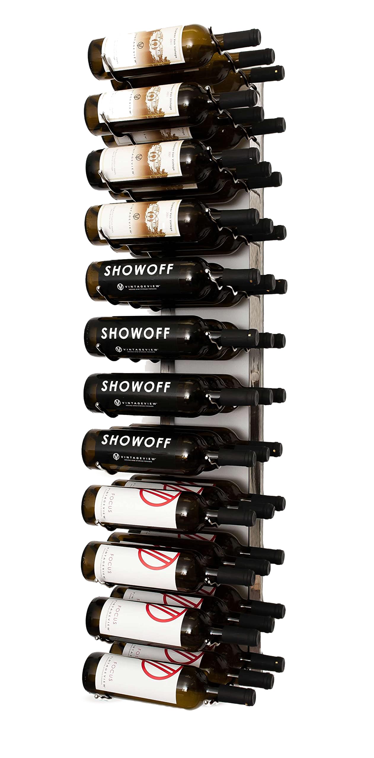 VintageView W Series Pro Wine Rack 4 - Metal Wall Mounted Wine Rack - Modern, Label Forward Wine Storage - Space Saving Wine Rack with36 Bottle Storage Capacity (Brush Nickel)