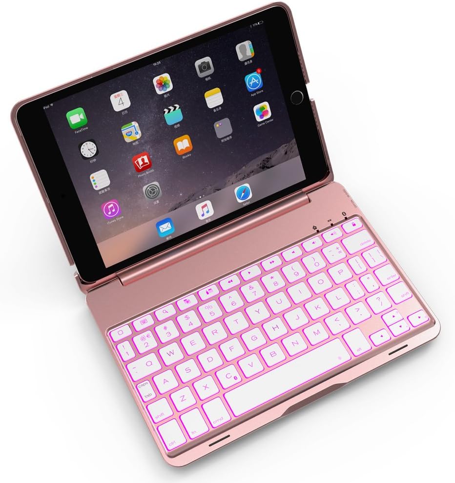 iPad Mini Keyboard Case Bosssee F8S Mini Aluminum Alloy Clamshell Case with 7 Colors Backlit Wireless Bluetooth Keyboard Protective Cover for iPad Mini 2/3 (Rose Gold)