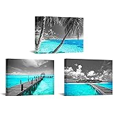 SkenoArt 3 Piece Canvas Prints Teal Beach Wall Art Ocean Tropical Palm Tree Pictures Grey Turquoise Sea Painting Bathroom Art Canvas for Home and Office Bedroom Decor Ready to Hang