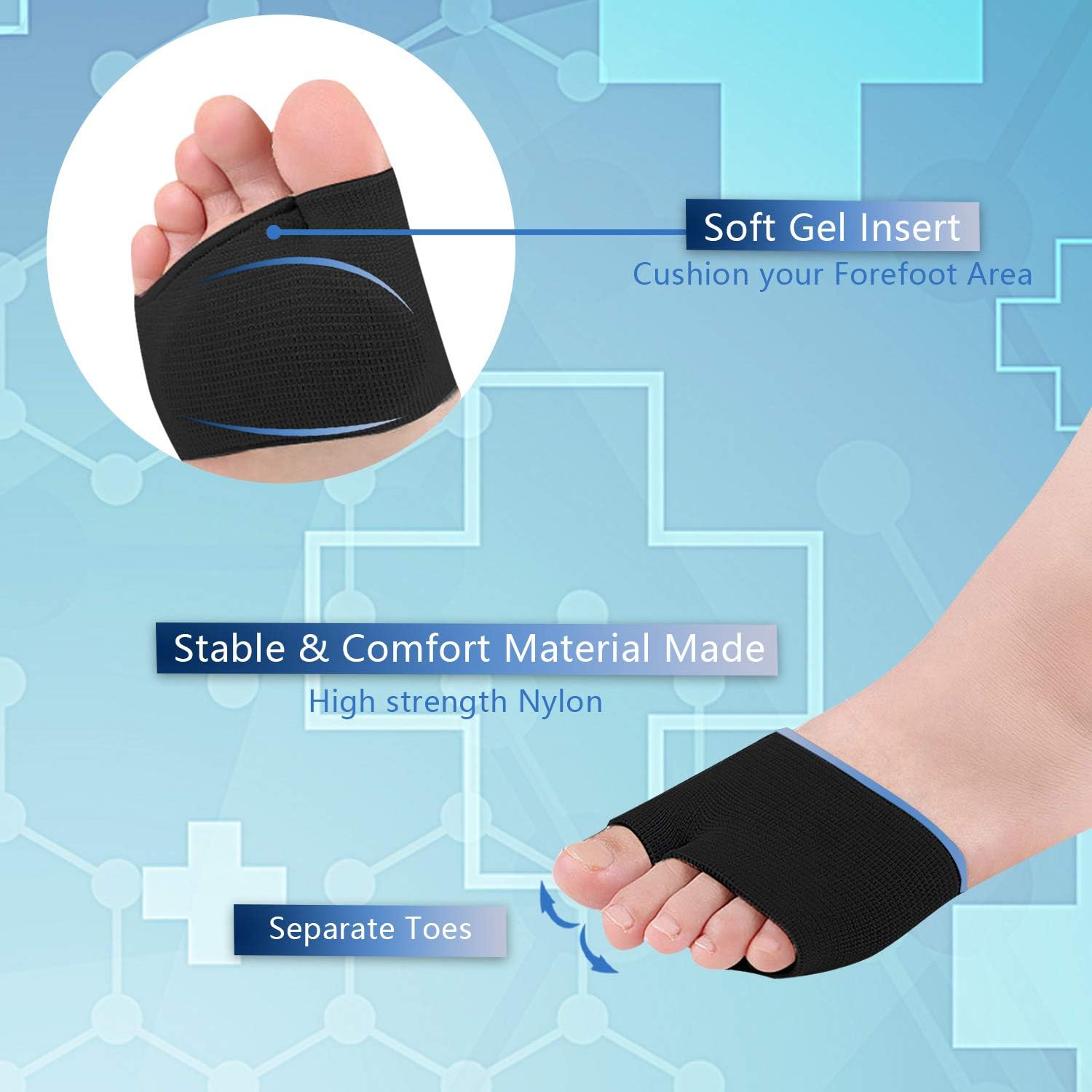 Metatarsal Sleeve Pads with Forefoot Gel Pads - 2 Pairs - Ball of Foot Cushion for Relieve Metatarsalgia Mortons Neuroma Diabetic Feet Pain (Black- M (Women‘s Size 5-7.5）): Health & Personal Care