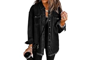 Vetinee Women’s Oversized Button Up Frayed Hem Shacket Long Sleeve Pockets Denim Jean Jacket