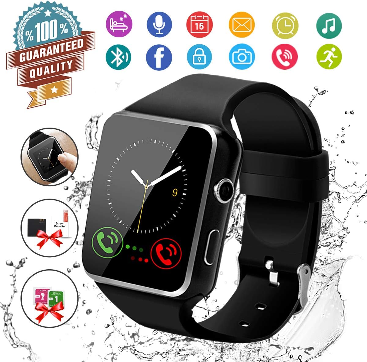 Smart Watch, Bluetooth Smartwatch Touch Screen Wrist Watch with Camera/SIM Card Slot,Waterproof Smart Watch Sports Fitness Tracker Android Phone Watch Compatible with Android Phones Samsung Huawei