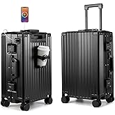 Hard Shell Carry On Luggage 22x14x9 Airline Approved,20 Inch Aluminum Luggage with 100% 3-Layer PC,Carry On Suitcases with Wheels,Cup Holder and USB Port (Classic Black, 20 inch)