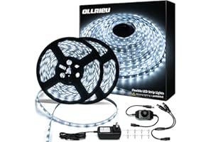 ollrieu White LED Strip Lights, 65.6ft Dimmable 6000K Bright White Strip Lighting,20M 1200 LEDs 2835 Flexible Ribbon Light, 12V Rope Lights for Kitchen, Under Cabinet, Bedroom, Wardrobe