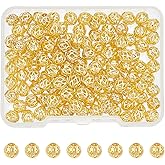 WADORN 120Pcs 6mm Golden Round Hollow Beads, 14K Gold Plated Brass Hollow Spacer Beads Round Metal Loose Beads Long-Lasting Spacers for Bracelet Earrings Necklaces Pendant Waist Chain Jewelry Making