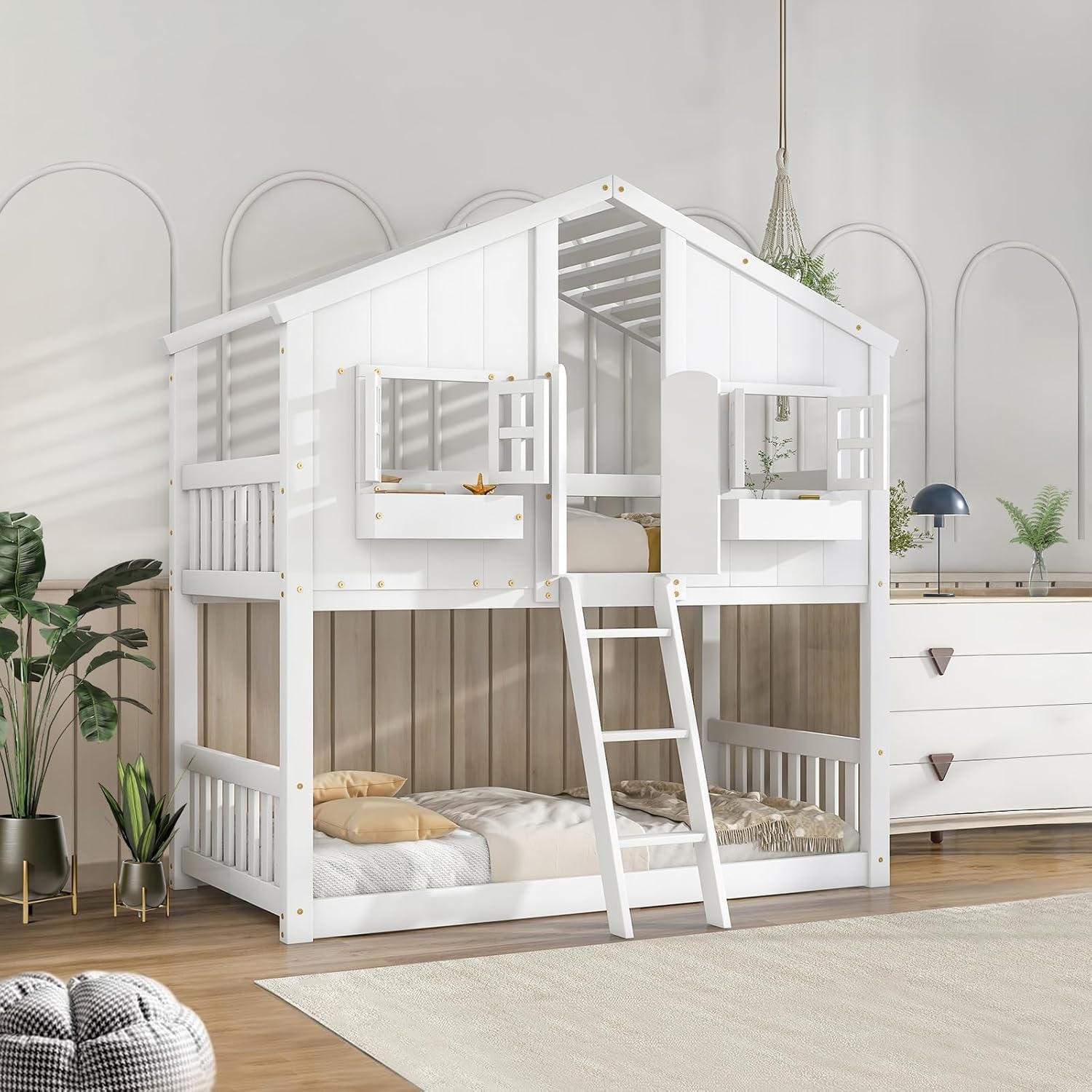 Photo 1 of ONLY BOX 2 OF 2 -----------------------------------------------------------------------------------------------------------------------Rovibek House Bunk Bed Twin Over Twin - House Bed Wood Loft Bed for Kids, Girls, Boys, with Stairs, Windows Storage, Gua