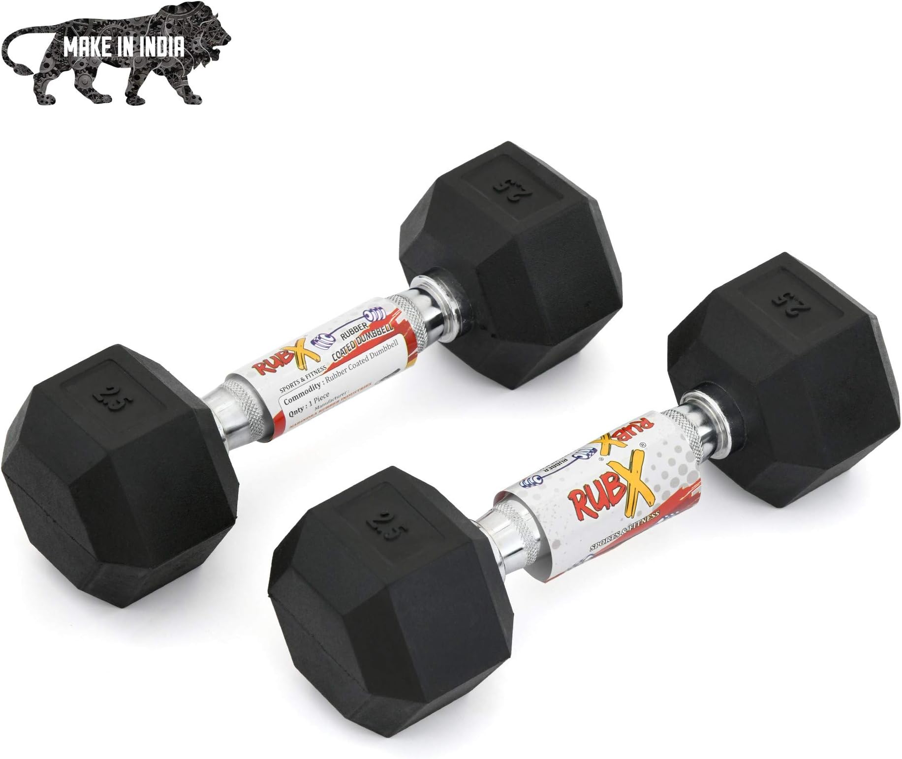 RUBX Rubber Coated Professional Exercise Hex Dumbbells (Pack of Two)