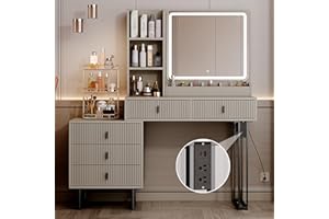 YYJ Large Vanity Desk with 3 Color Touch Screen Dimming Mirror, Vanity Desk with Charging Station, Modern Retractable Makeup Dressing Table, Vanity Table With storage shelves and 5 Sliding Drawers, Gray