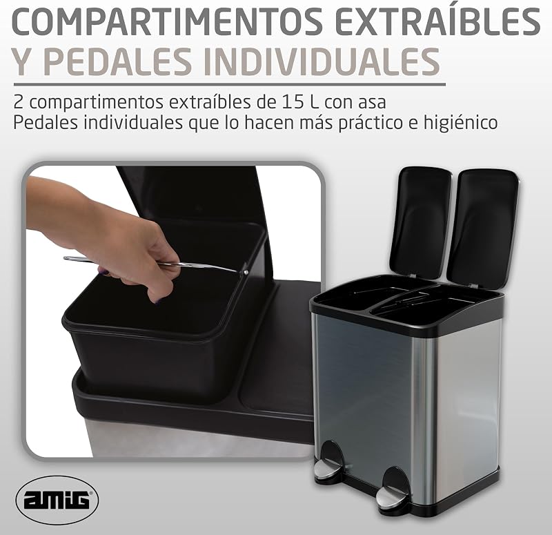 Amig - lixeira dupla com pedais | lixeira anti-impressão digital para cozinha | aço inoxidável | 2 compartimentos x 15 l | 48x32x40cm | prata