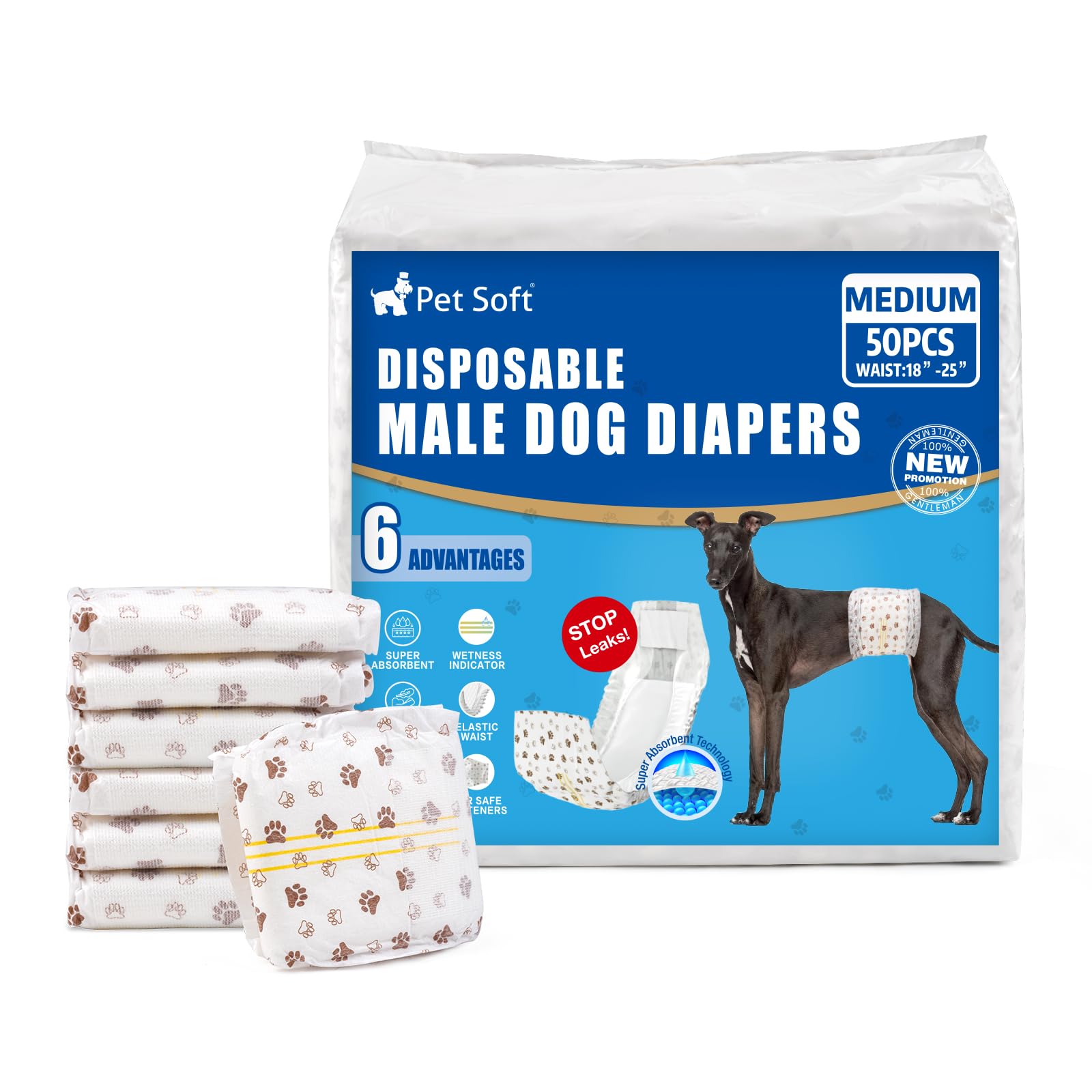 Pet Soft Dog Nappies Male- 50 Counts Disposable Male Dog Wraps, Super Absorbent Puppy Dog Diapers Incontinence Nappy Wraps with Wetness Indicator (M-50 Count)