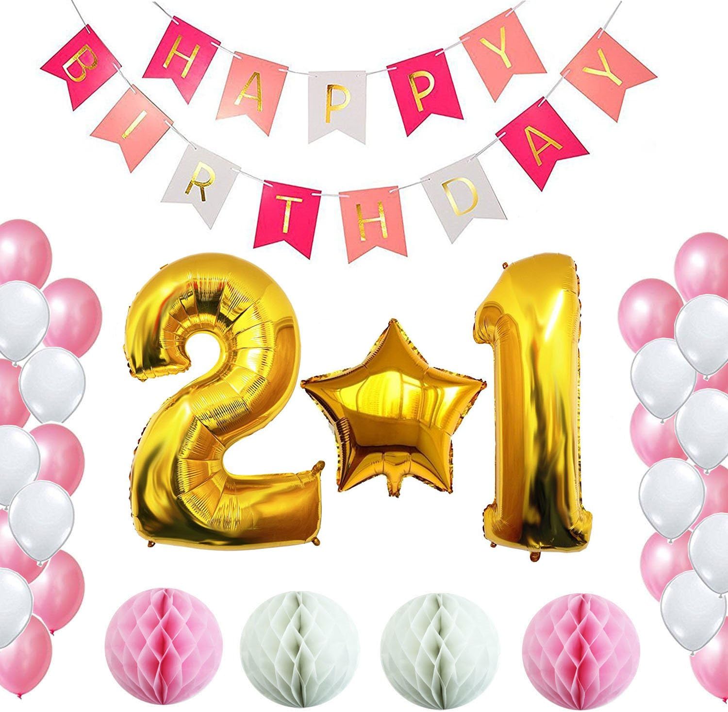 12th or 21st Birthday Decorations Party Supplies Happy Birthday Banner, Giant 32'' Number Foil Balloon, Gold Star Balloon, Honey Balls Pink and White (12 or 21)