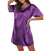 Ekouaer Silk Sleep Shirts for Women Satin Nightshirt Tshirt Nightgown Short Sleeve Sleepwear Round Neck Shirt Dress With Chest Pocket Bright Purple M